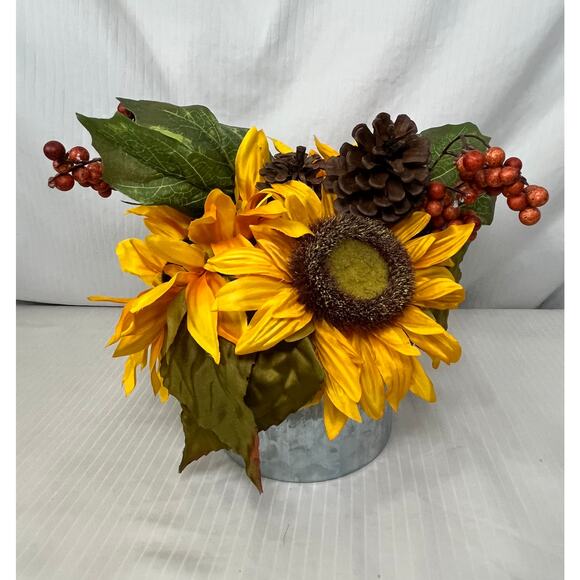 Artificial Sunflower Floral Bouquet in Round Vase Metal Vase Table Decor - Picture 2 of 5